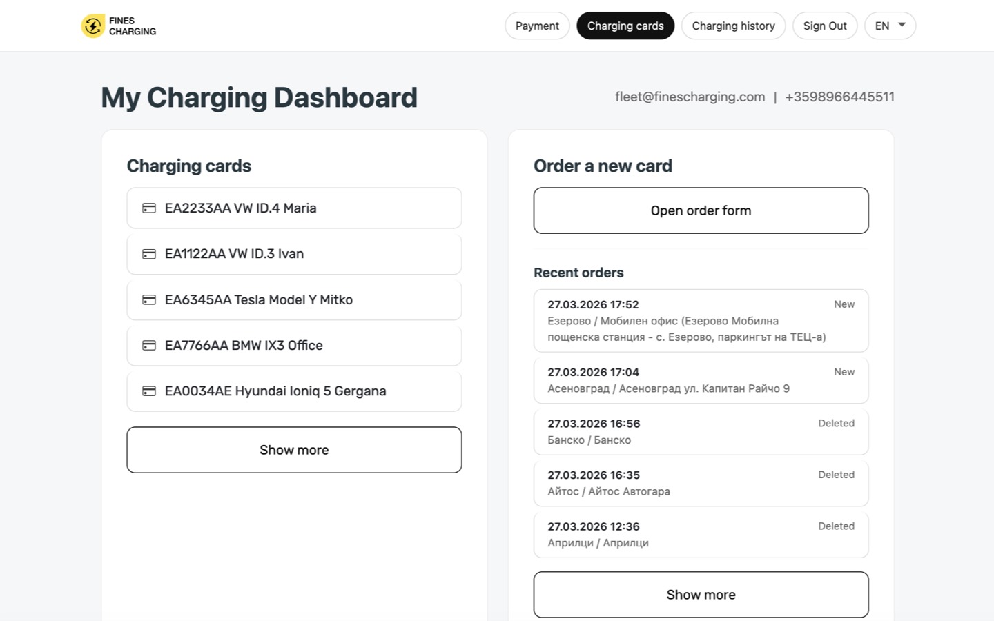 Fines Charging dashboard for fleet management